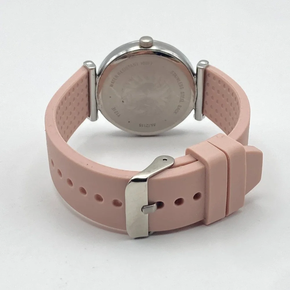 Anne Klein Women's Watch 34mm Silver Tone Beige Dial Silicone Band New Battery